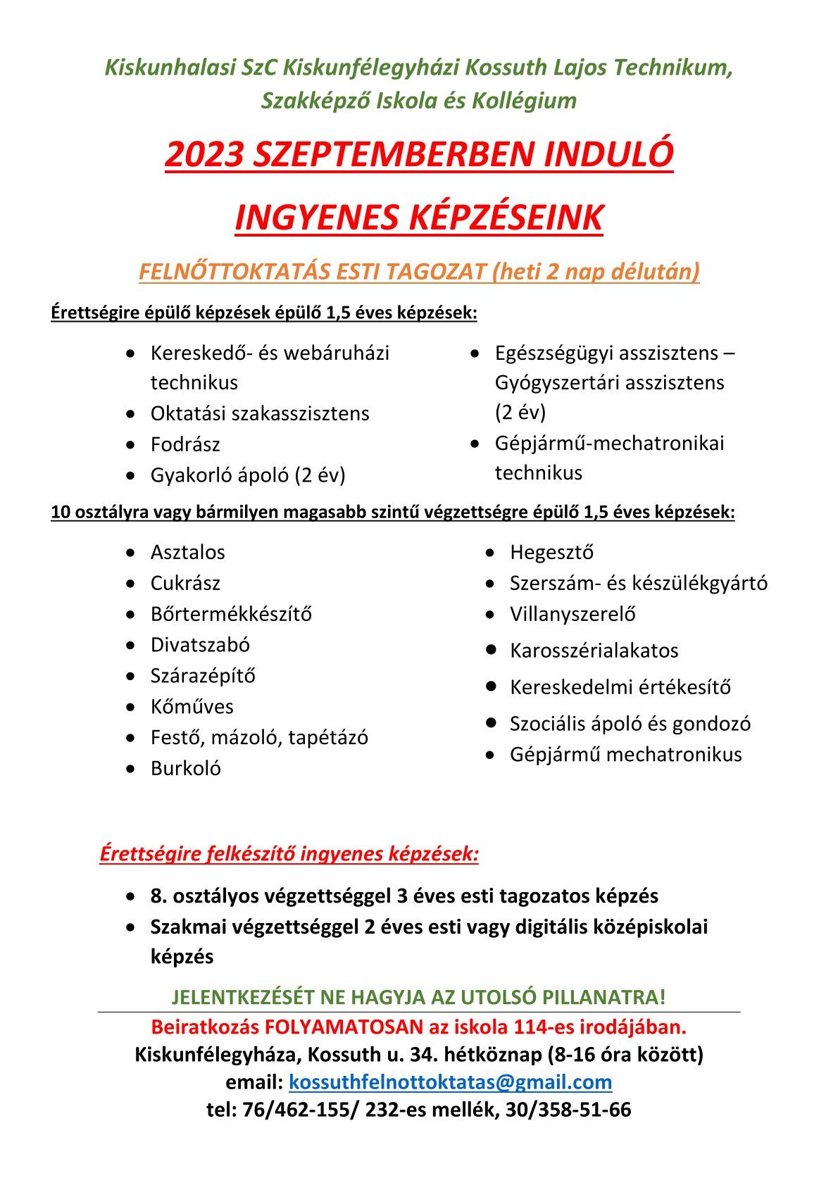 Kossuth 2023 szeptemberben induló képzések listája