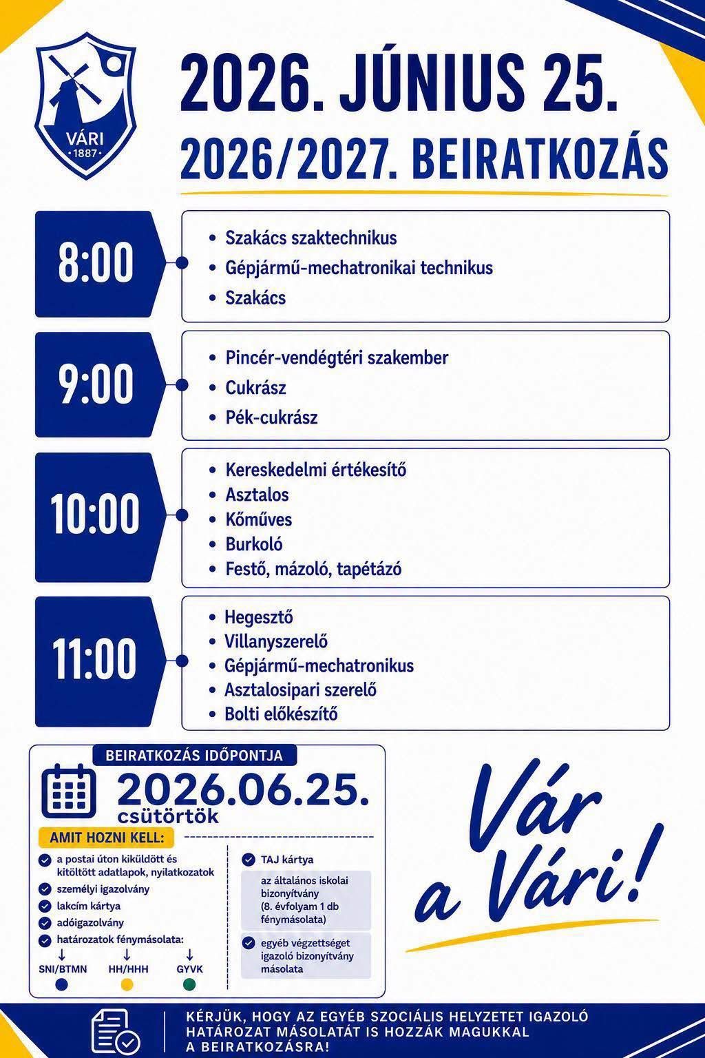 A Vári Technikum tájékoztatója a 2026/2027-es tanév beiratkozásáról.